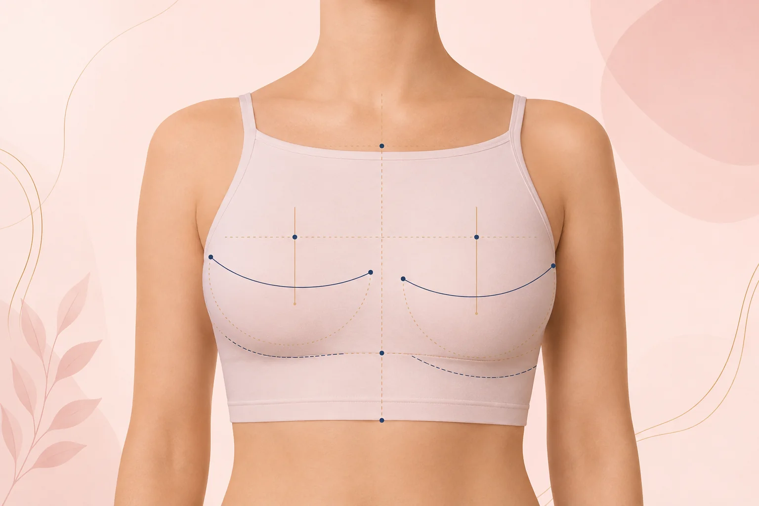 Illustration showing breast width, volume and fold-level measurements during asymmetry assessment